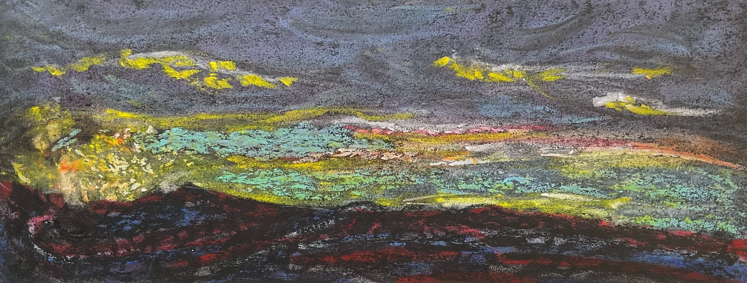 Colorful abstract painting with dark gray sky and vibrant yellow, green, blue, pink, and red streaks, possibly depicting a landscape or sunset.