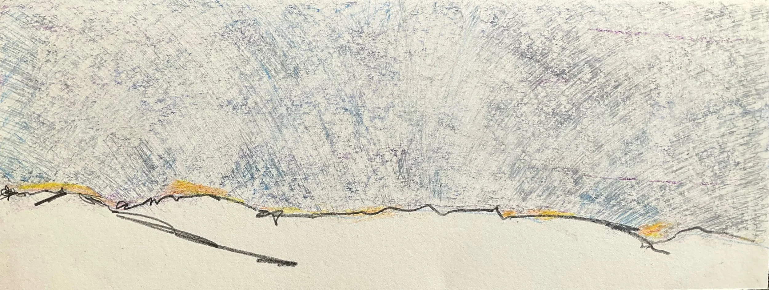 Abstract pastel drawing with a horizon line and a textured sky.