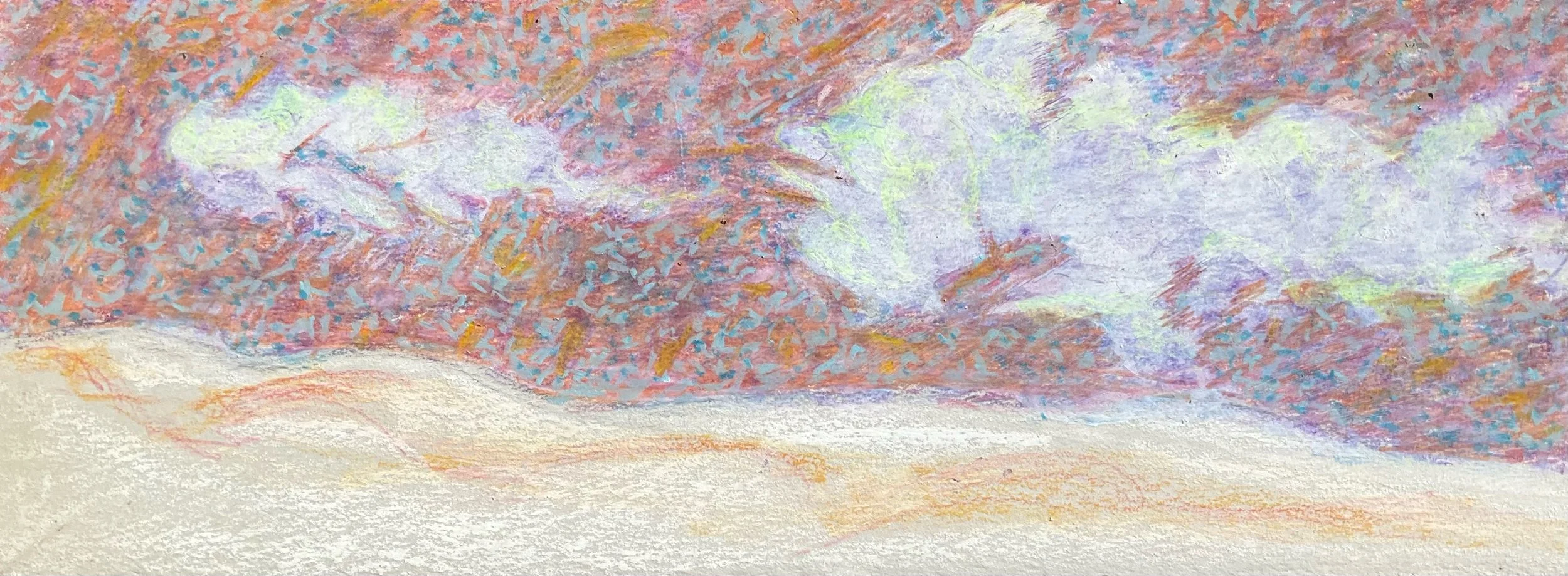 Pastel drawing of a mountain landscape with clouds in sky, using abstract brushstrokes in pink, purple, yellow, and blue.