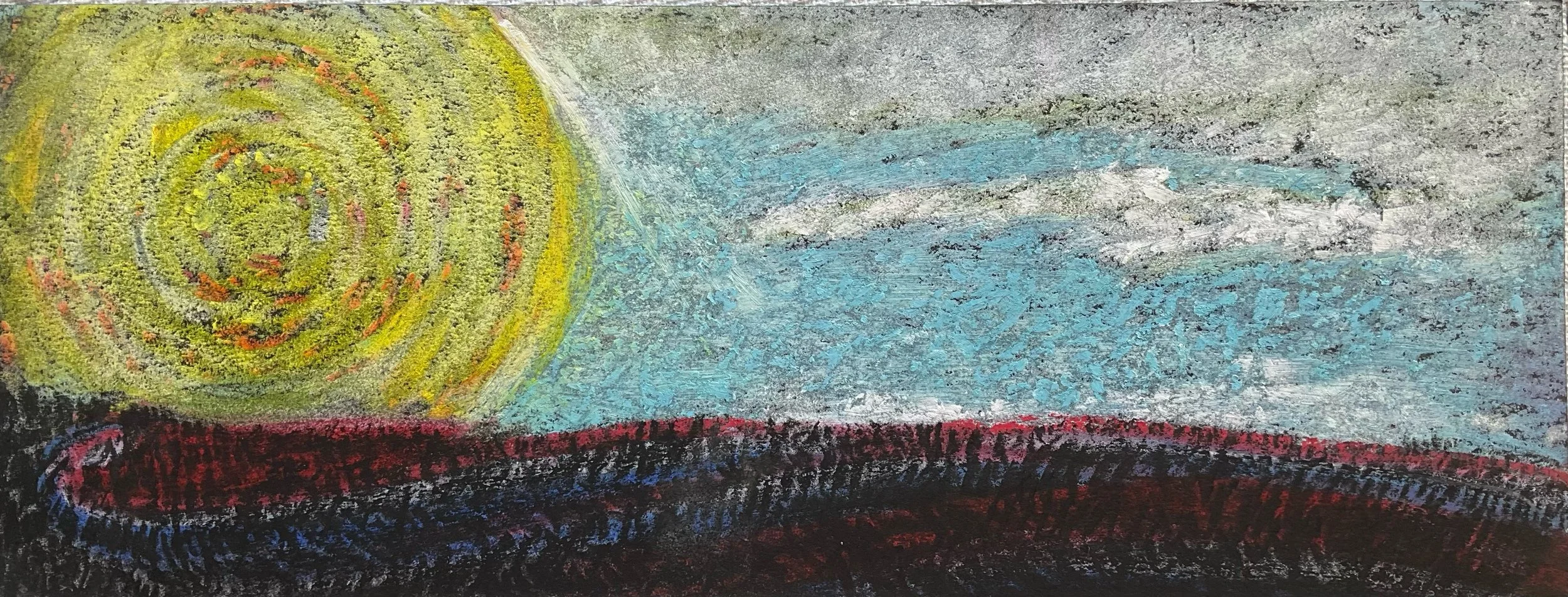 An abstract drawing resembling Van Gogh's Starry Night, with a yellow star, swirling yellow and orange shapes, a blue sky, and a dark, textured landscape.