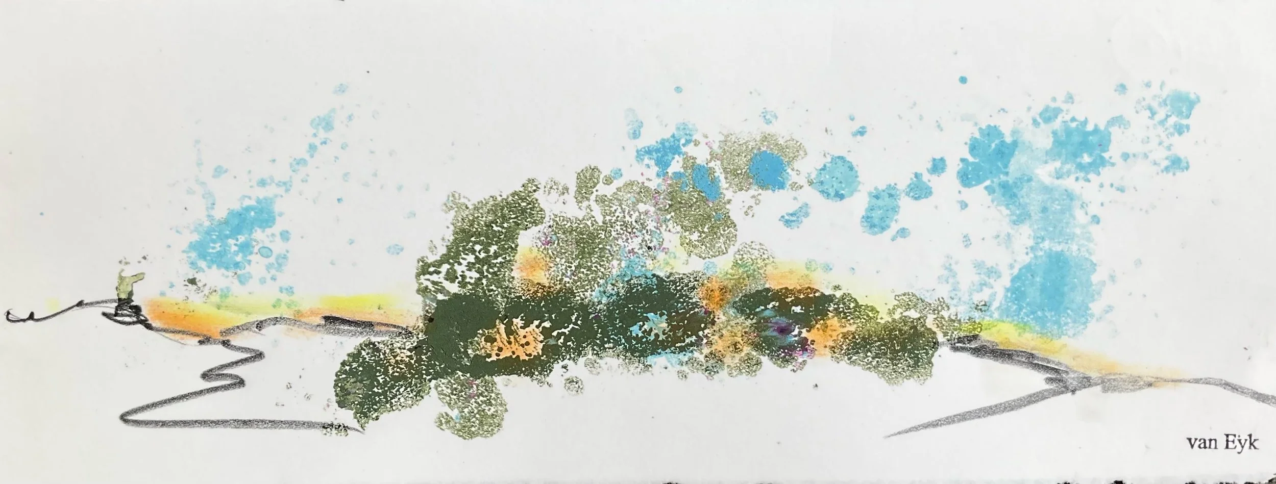 Abstract artwork with colorful splashes of blue, orange, and green on a white background, featuring a curved black line at the bottom left corner and the artist's signature 'van Eyk' at the bottom right corner.