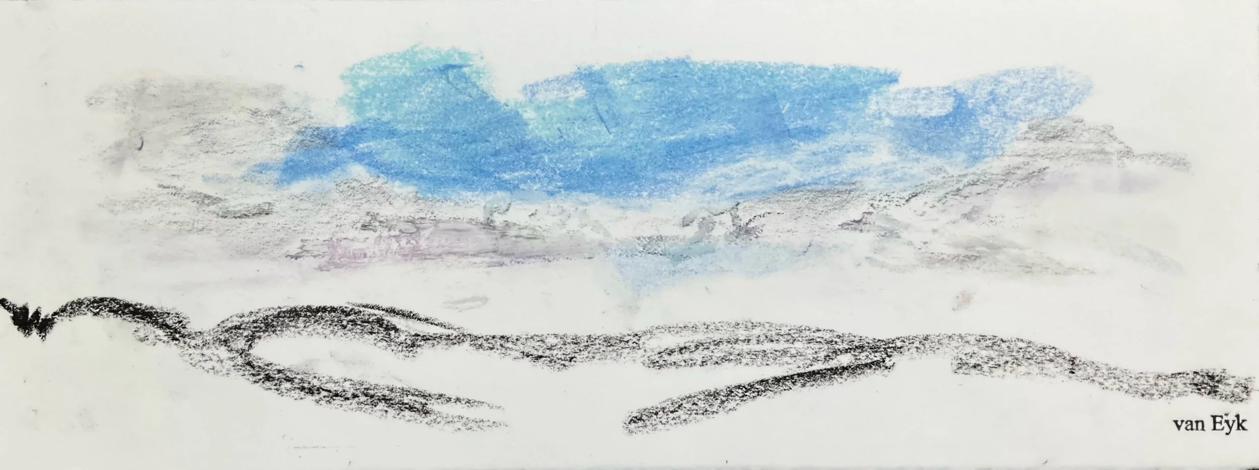 Child's drawing of a blue sky with gray clouds, black wavy line at bottom, signed 'van Eyck' in the bottom right corner.