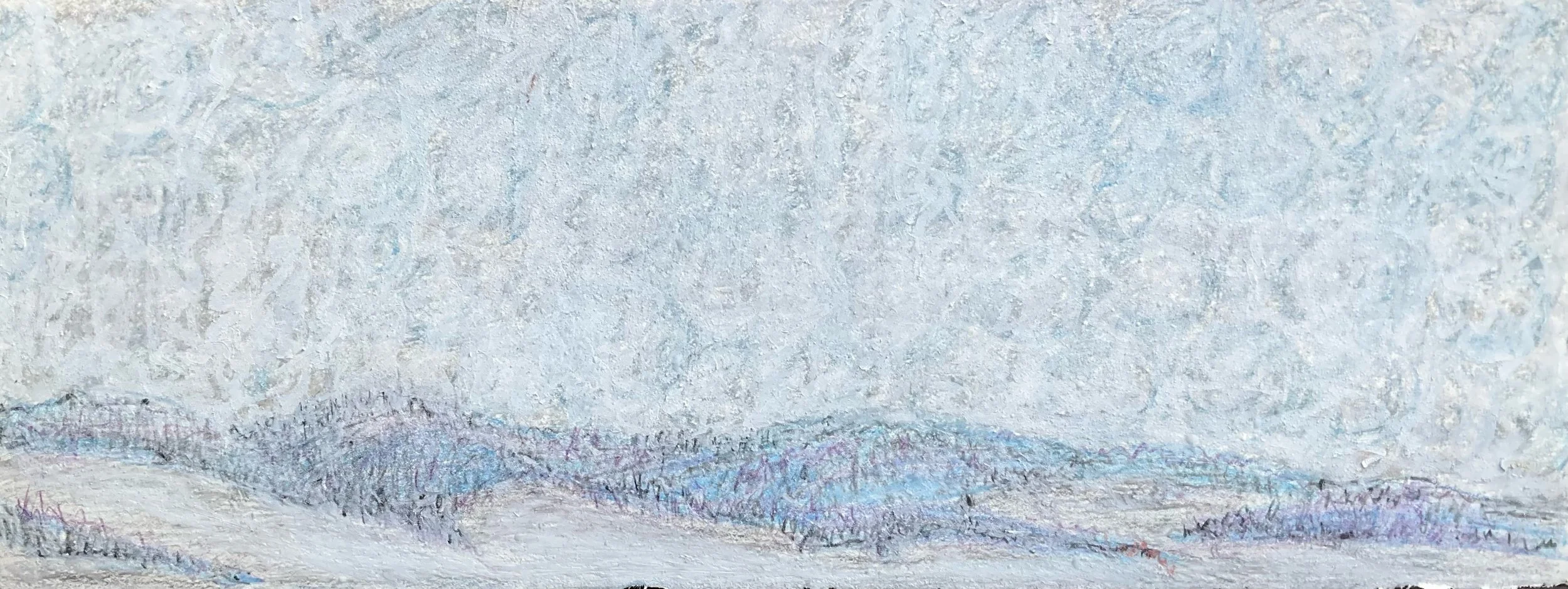 A textured painting of a snowy landscape with distant mountains under a cloudy sky