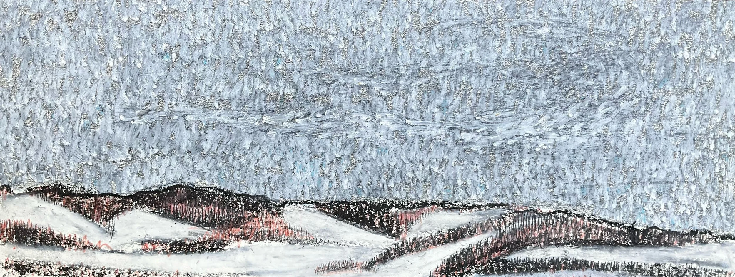 Painted landscape of snow-covered mountains and trees under a cloudy sky.