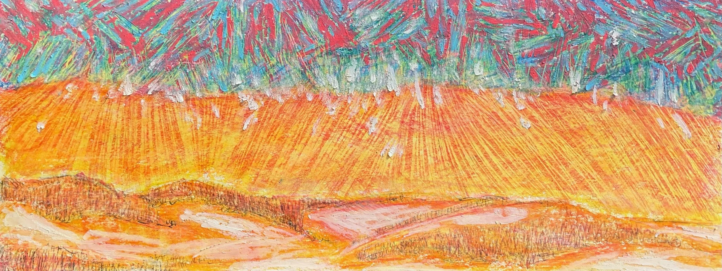 Colorful landscape drawing with orange fields in the foreground and green and blue trees in the background.