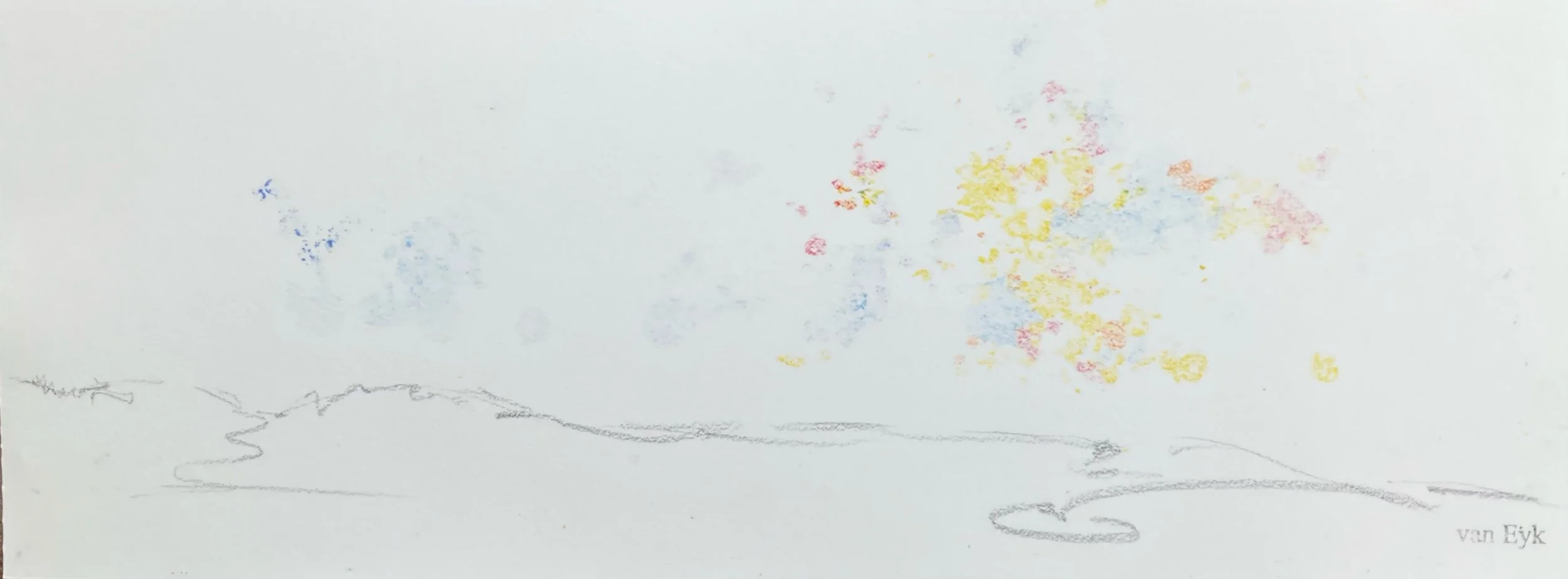 A minimalist drawing of a landscape with a light blue sky, a tree with colorful leaves in shades of pink, yellow, and red, and a simple black outline of a winding path or river at the bottom. The artist's signature, "van Eyk," is in the bottom right 