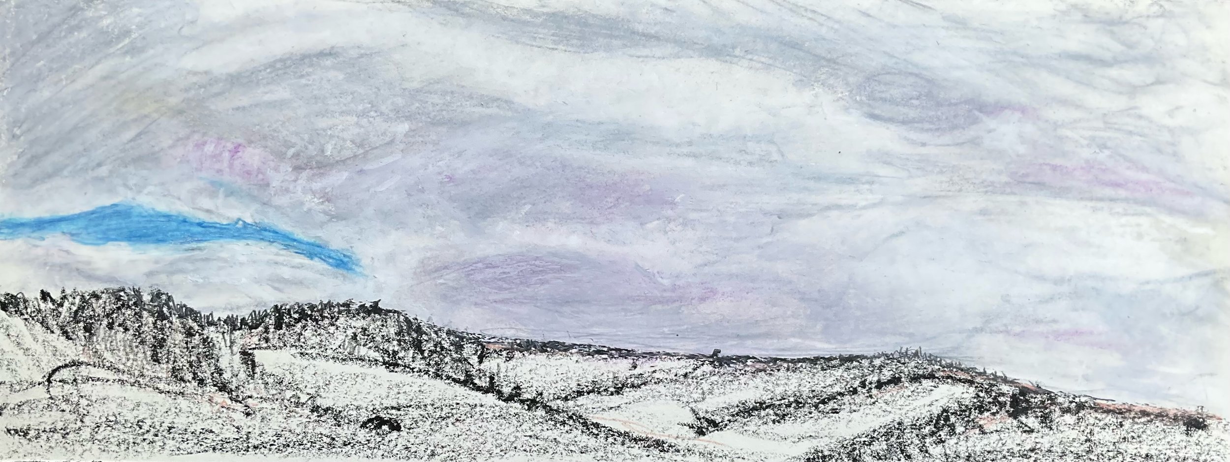 A landscape painting of rolling hills with black and white shading, under a cloudy sky with hints of purple and blue.