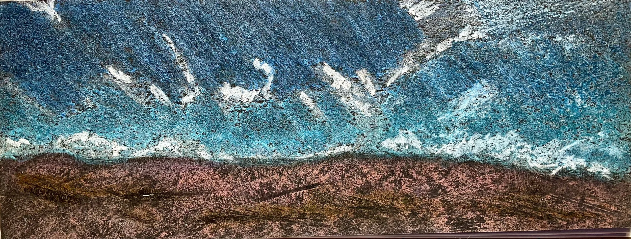 Painting of a scenic landscape with a mountain range beneath a sky filled with clouds and sunlight.