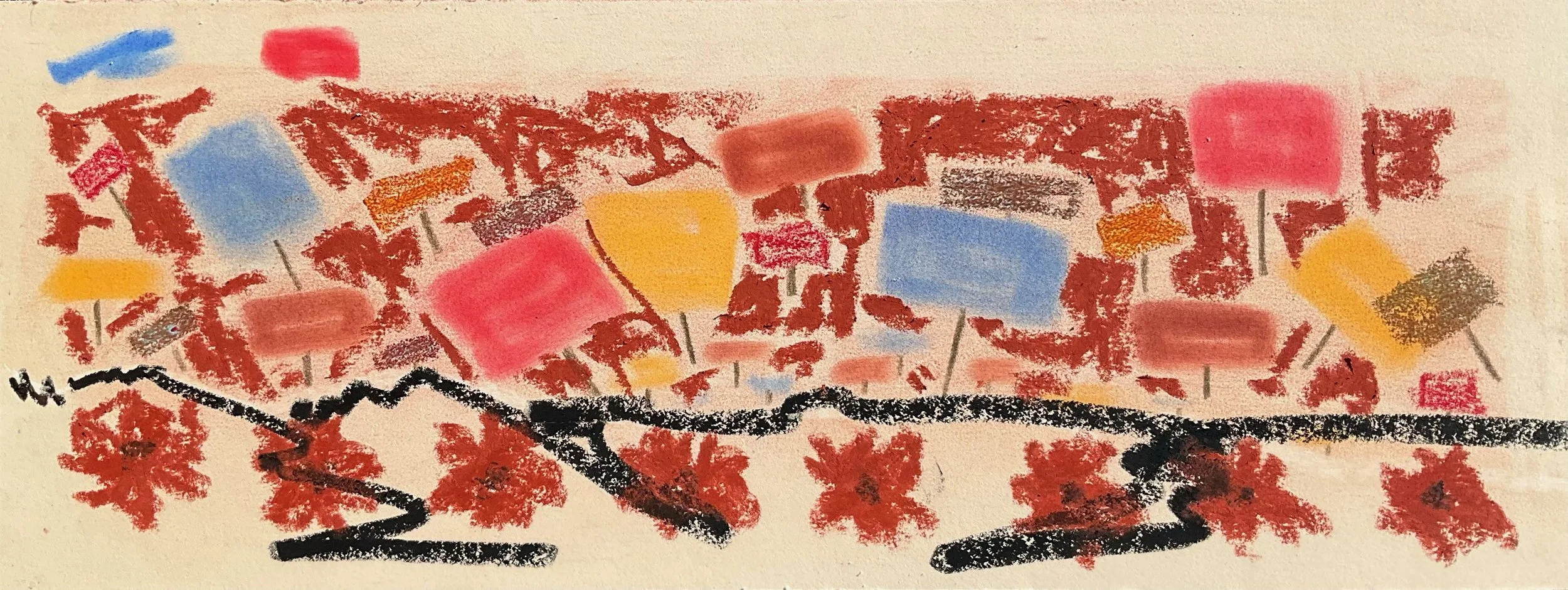 An abstract drawing of red flowers, with colorful square shapes in shades of pink, blue, yellow, and orange, and black lines resembling branches or a path.