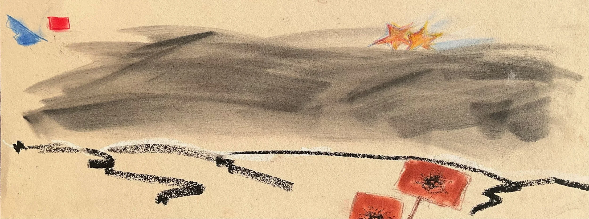 Drawing of a stormy scene with dark clouds, a red explosion, orange and red stars, and black squiggly lines on beige paper.
