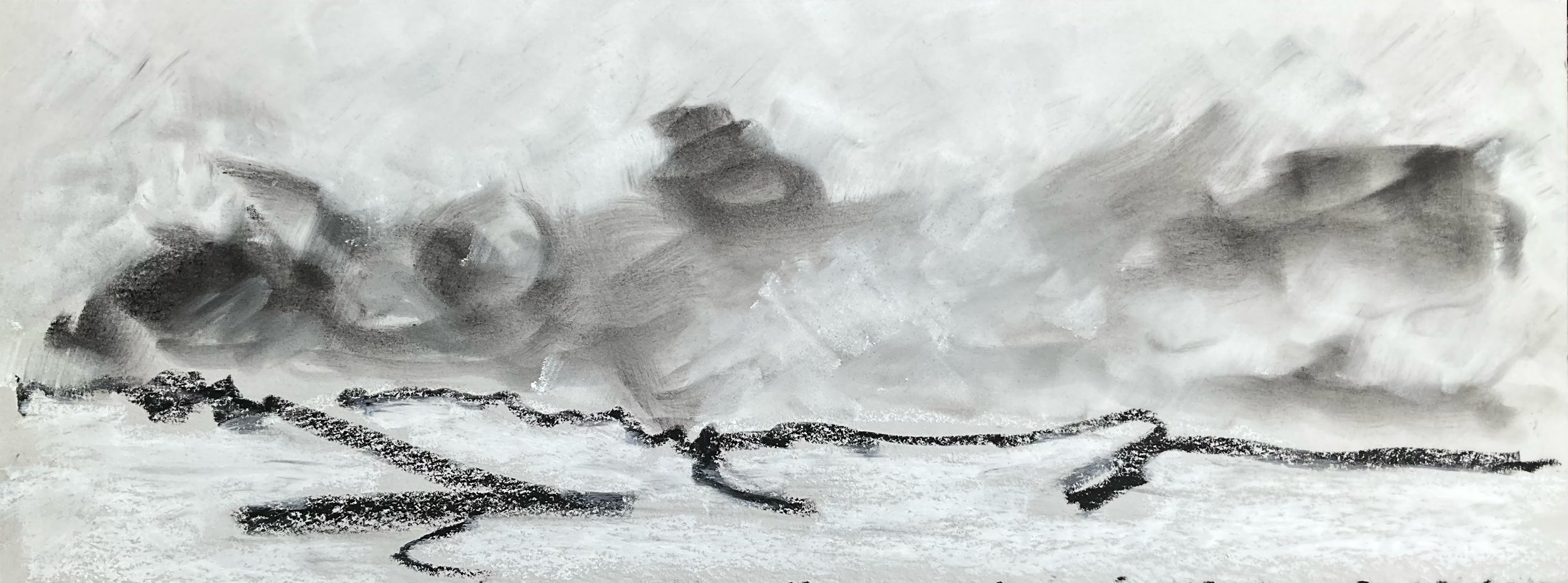 A monochrome drawing of a ship in stormy seas with large waves and dark clouds overhead.