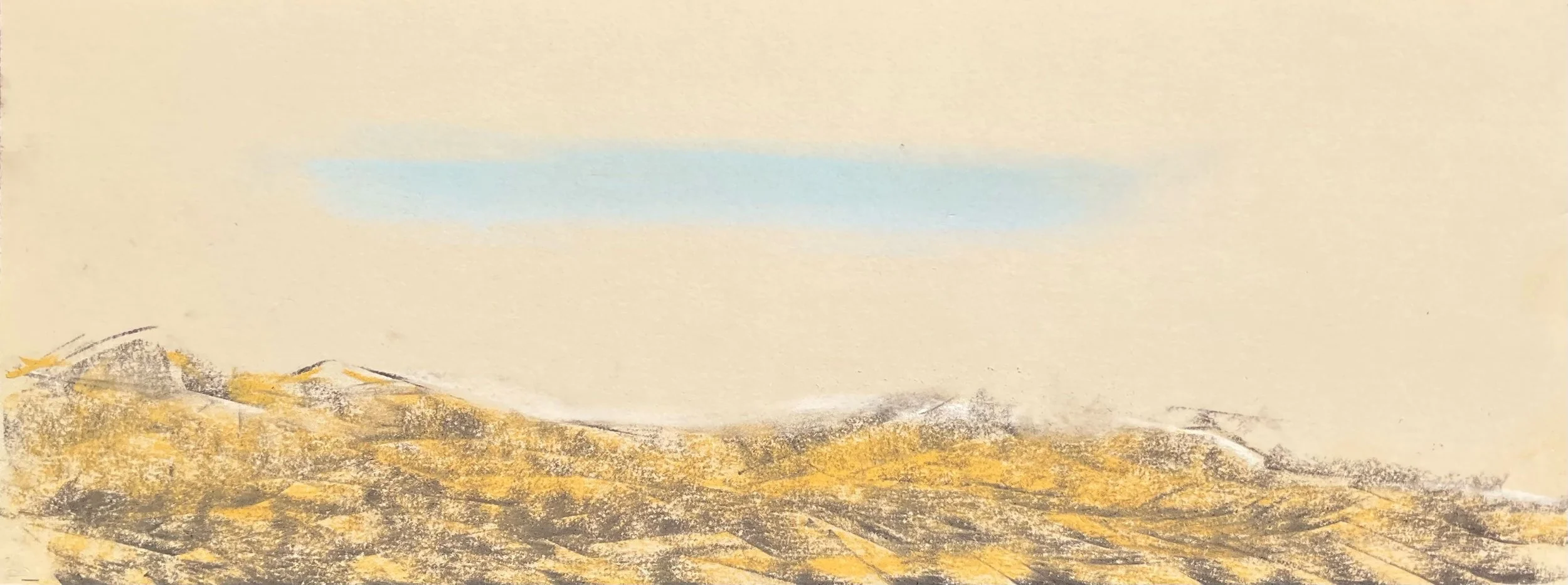 A landscape drawing of a hill with a clear sky and a few clouds.