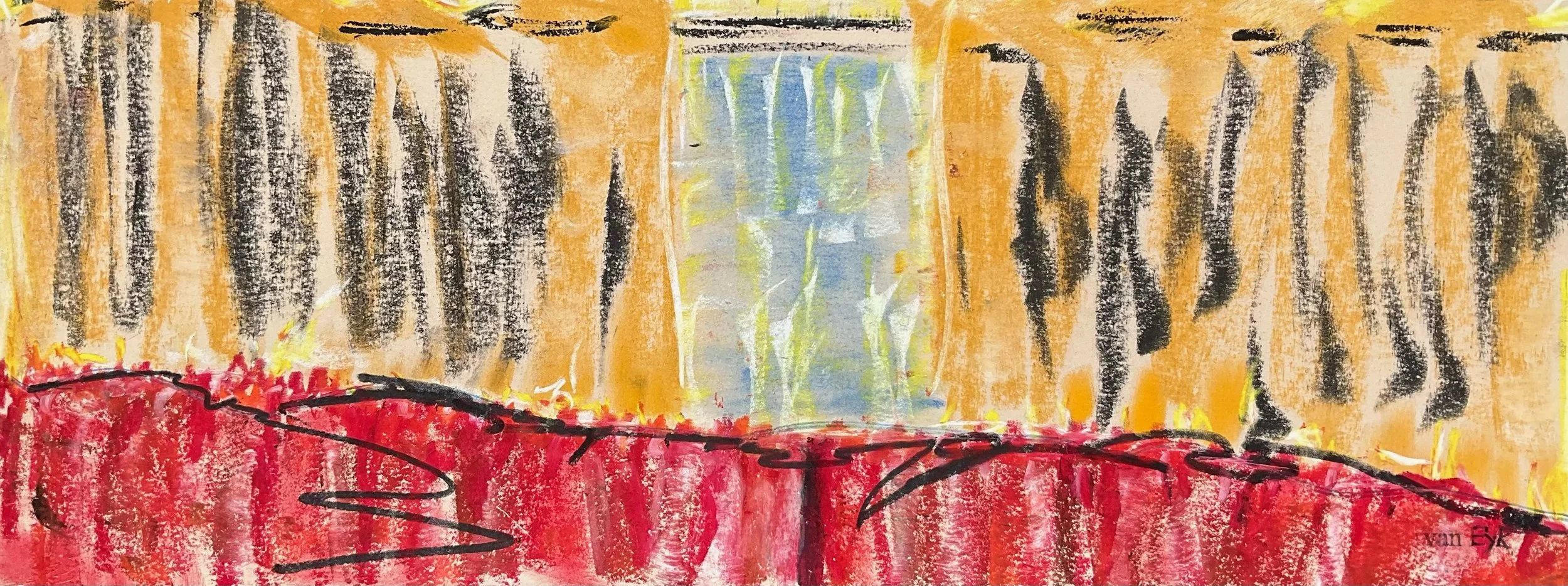 Abstract painting with black vertical streaks on a yellow background and a red bottom section with black curved lines.