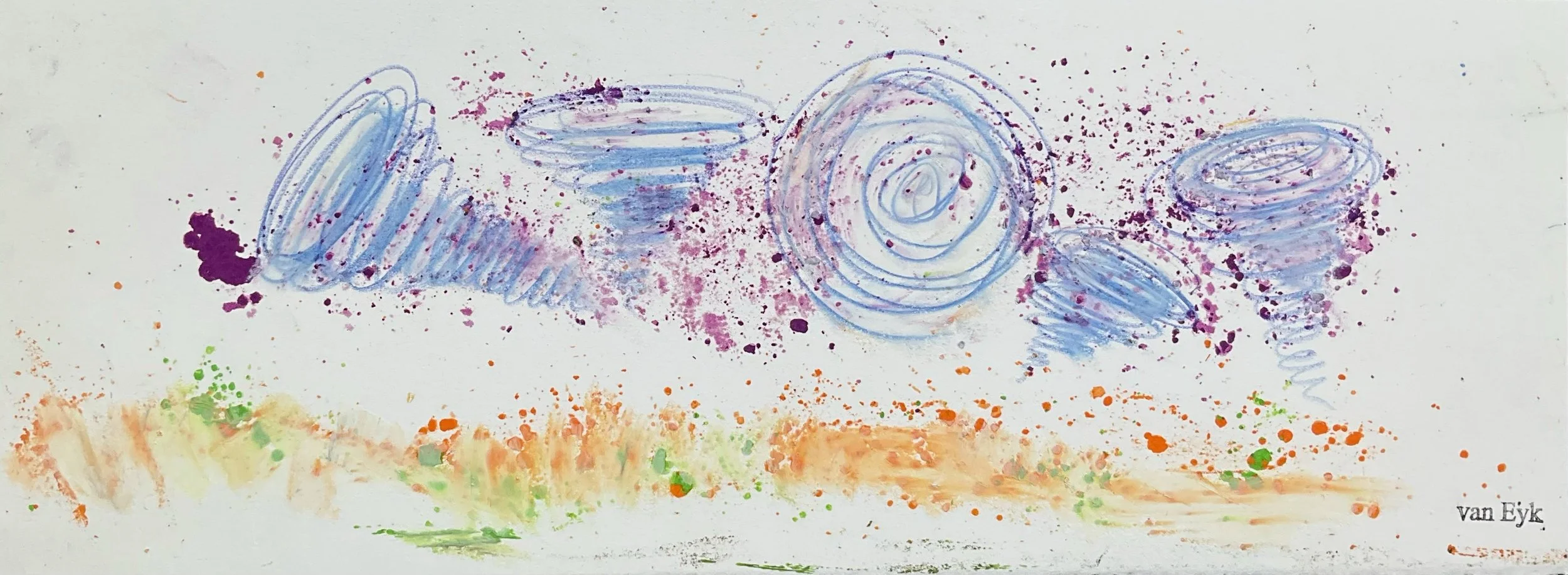 Abstract artwork with purple, blue, orange, yellow, and green splashes and circular shapes on white background. Signed 'van Eyk' in the bottom right corner.