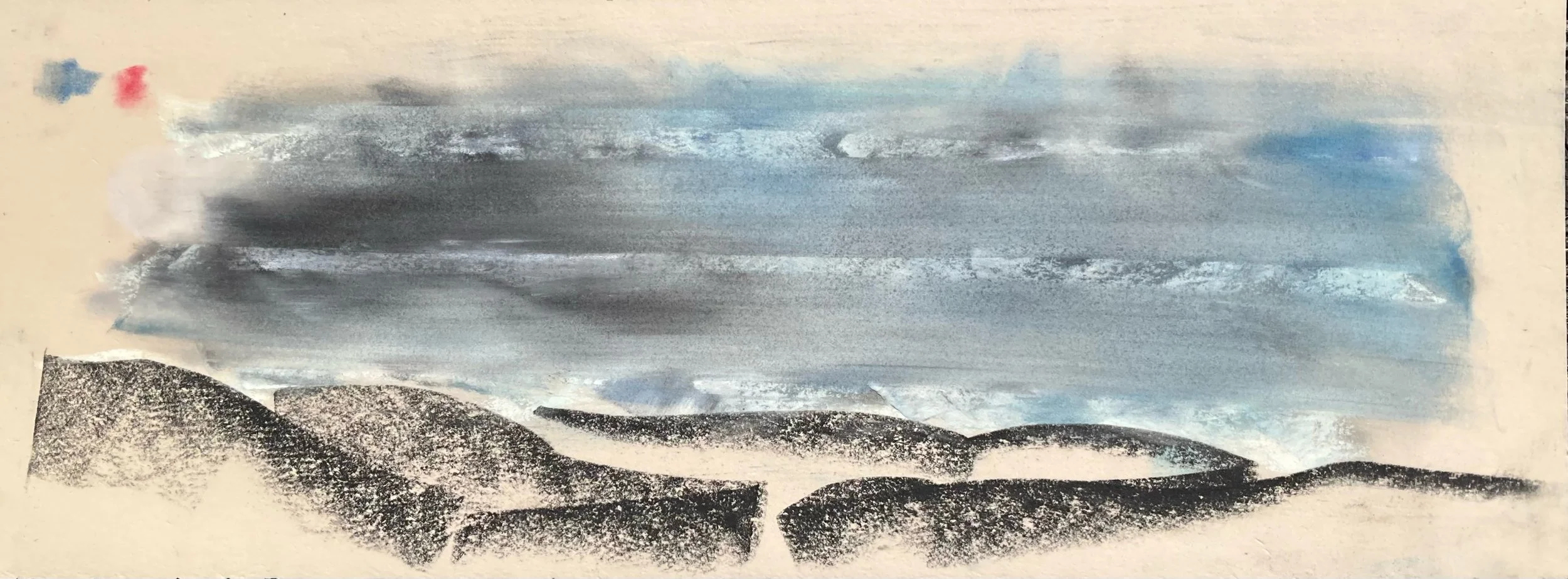 Abstract landscape painting with dark hills, gray and blue cloudy sky, and textured black and white land formations.