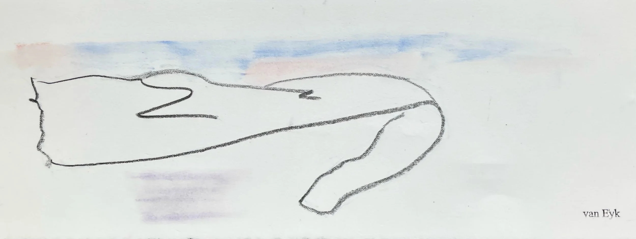 A simple abstract drawing of an animal, possibly a dog, with a long body and a small head, made with black lines. The background has faint streaks of blue, pink, and purple. The name 'van Eyk' appears in the bottom right corner.
