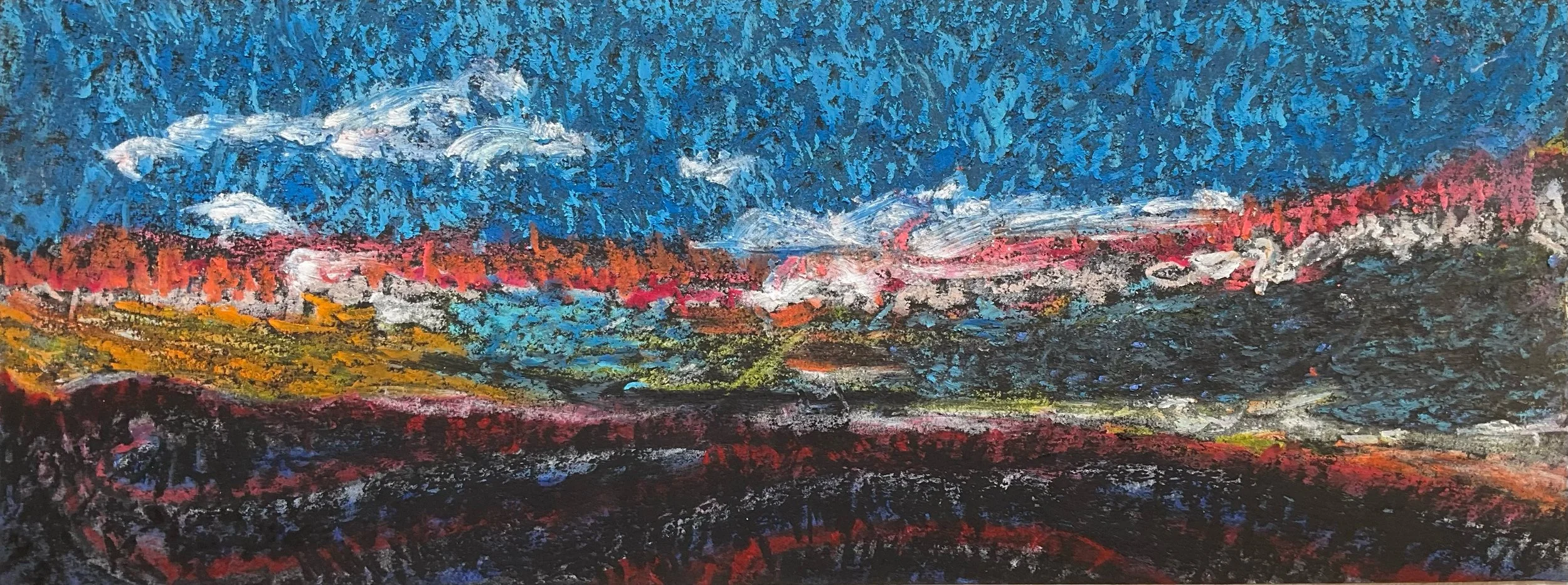 An abstract landscape painting with vibrant colors: a deep blue sky with white clouds, a horizon with red and pink hues, yellowish fields, and dark foregrounds, created with bold, textured brushstrokes.