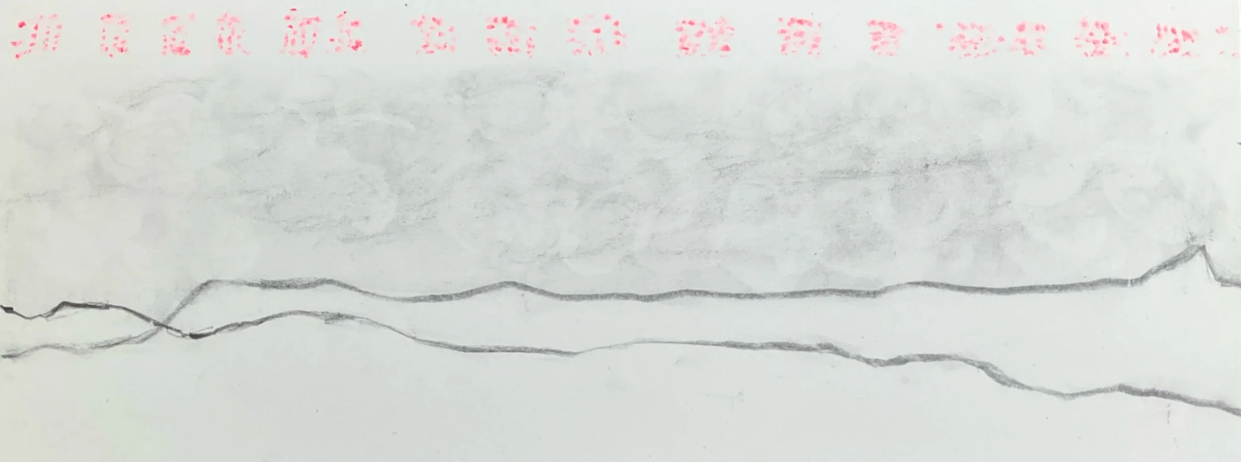 A whiteboard with faded pink text at the top that is partially unreadable, a grayish cloud-like background in the middle, and black squiggly lines drawn at the bottom.