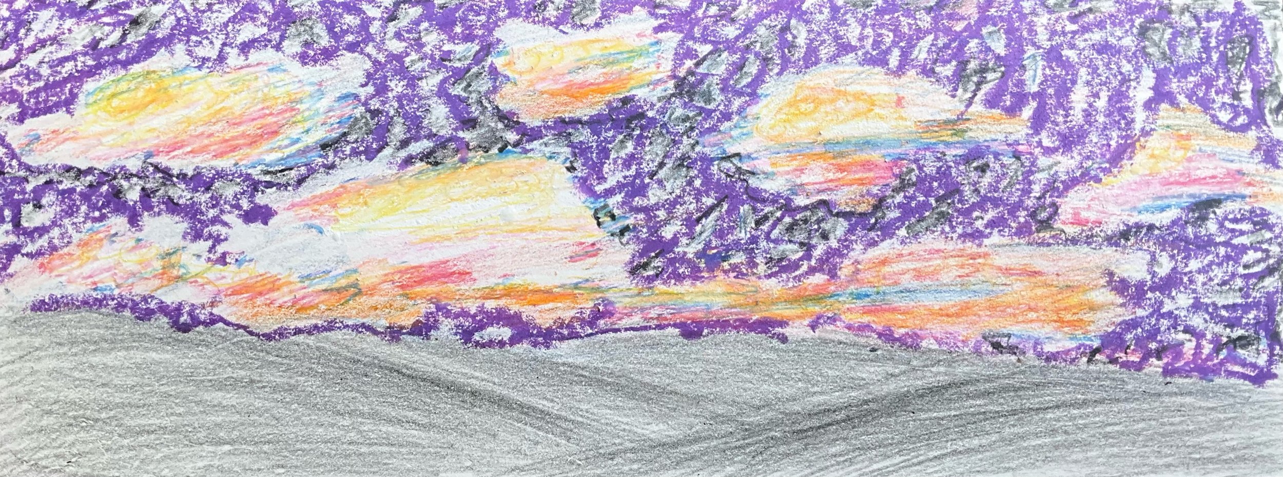 Colorful drawing of a sunset with purple, orange, yellow, pink, and blue hues over a gray foreground.