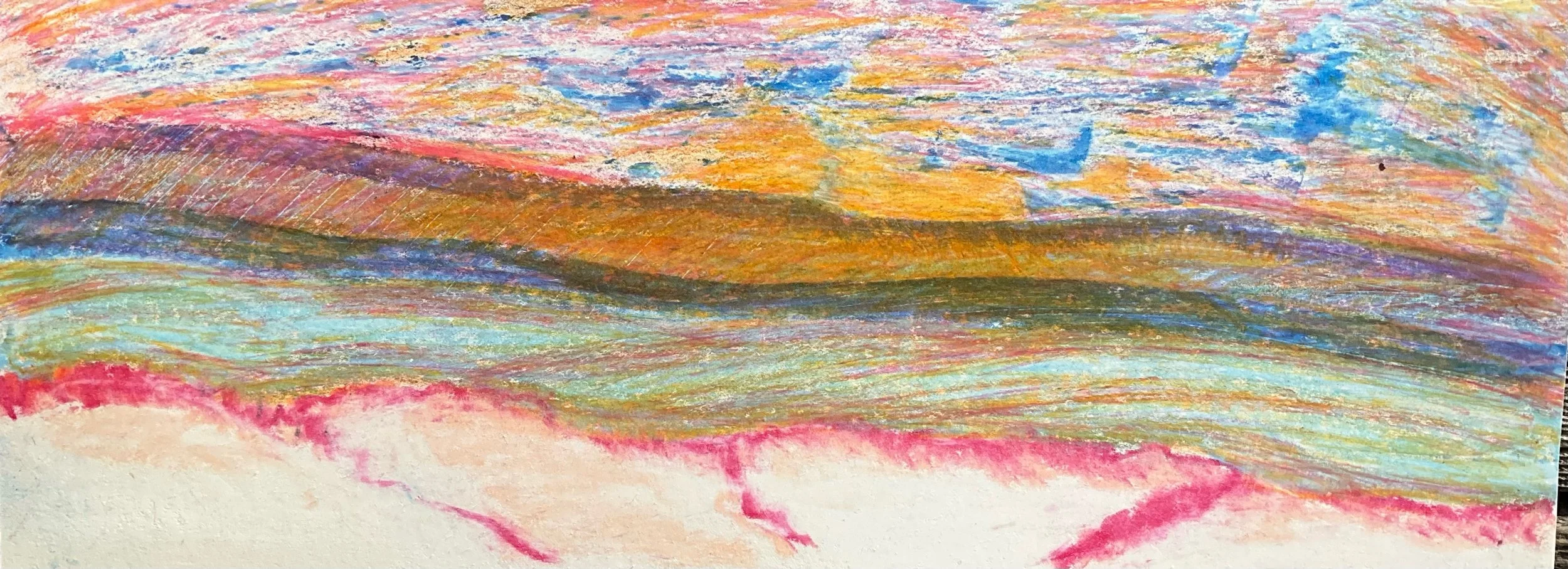 An abstract colorful painting of a landscape with rolling hills and sky, featuring bright pink, orange, blue, and green hues.