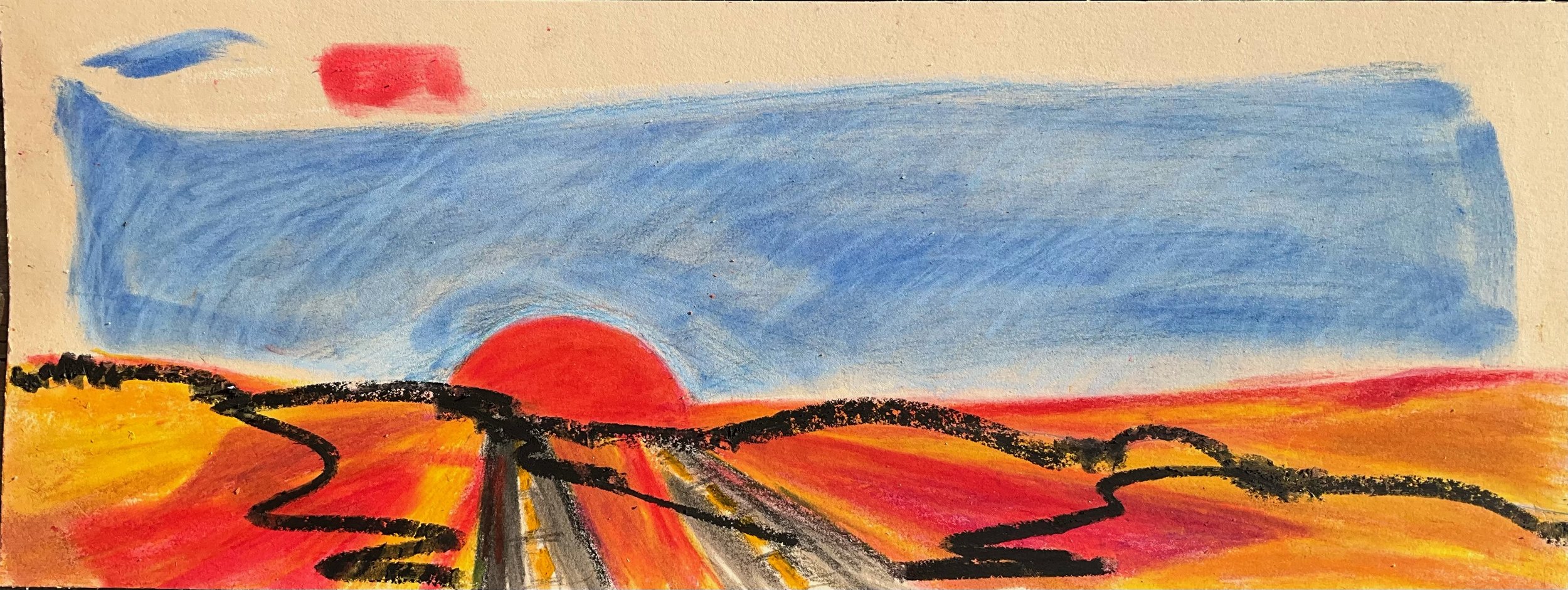 A colorful landscape drawing of a sunset over rolling hills with a winding road, blue sky, and a red setting sun.