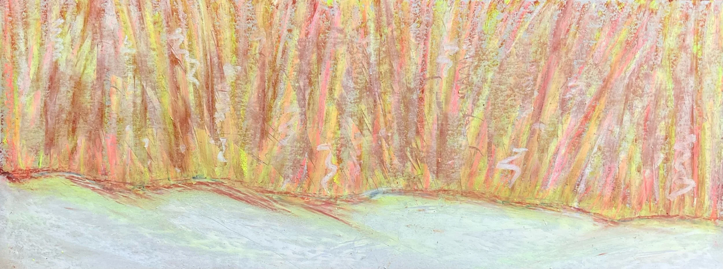 Abstract painting with warm yellow, orange, and pink brushstrokes on top and a white, textured floor underneath.