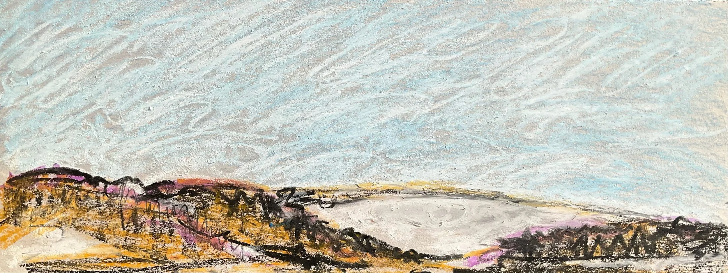 A landscape painting of rolling hills with a sky above, using pastel colors and textured brushstrokes.