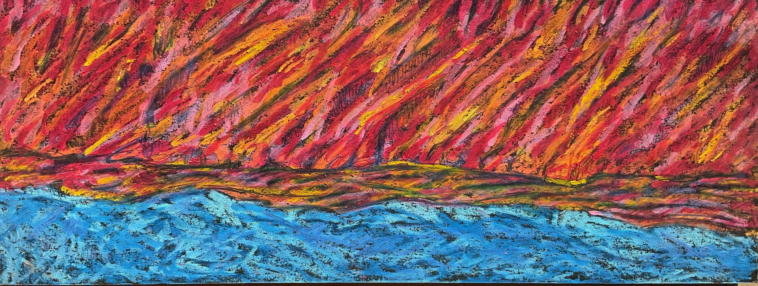 Abstract painting of a landscape with vibrant colors, showing a blue body of water in the foreground and a red, orange, and pink mountain range in the background.