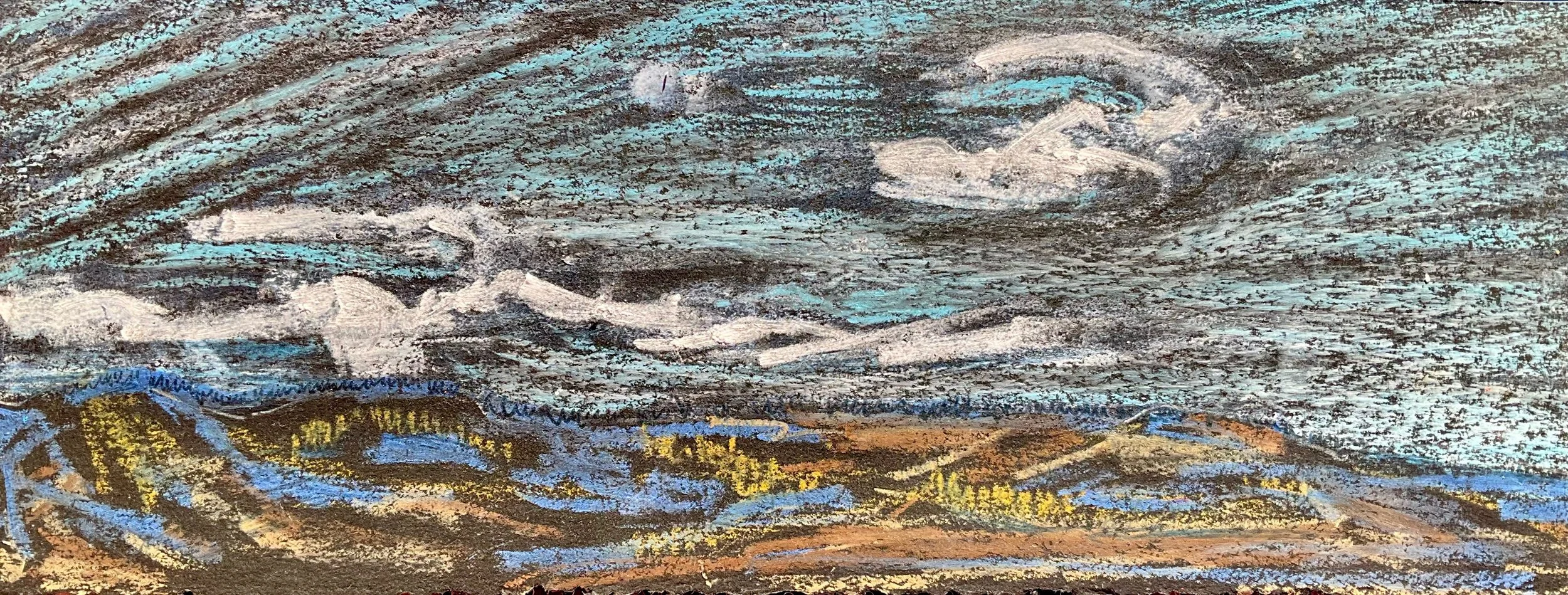 A colorful pastel drawing of a stormy sky over mountains and a body of water.