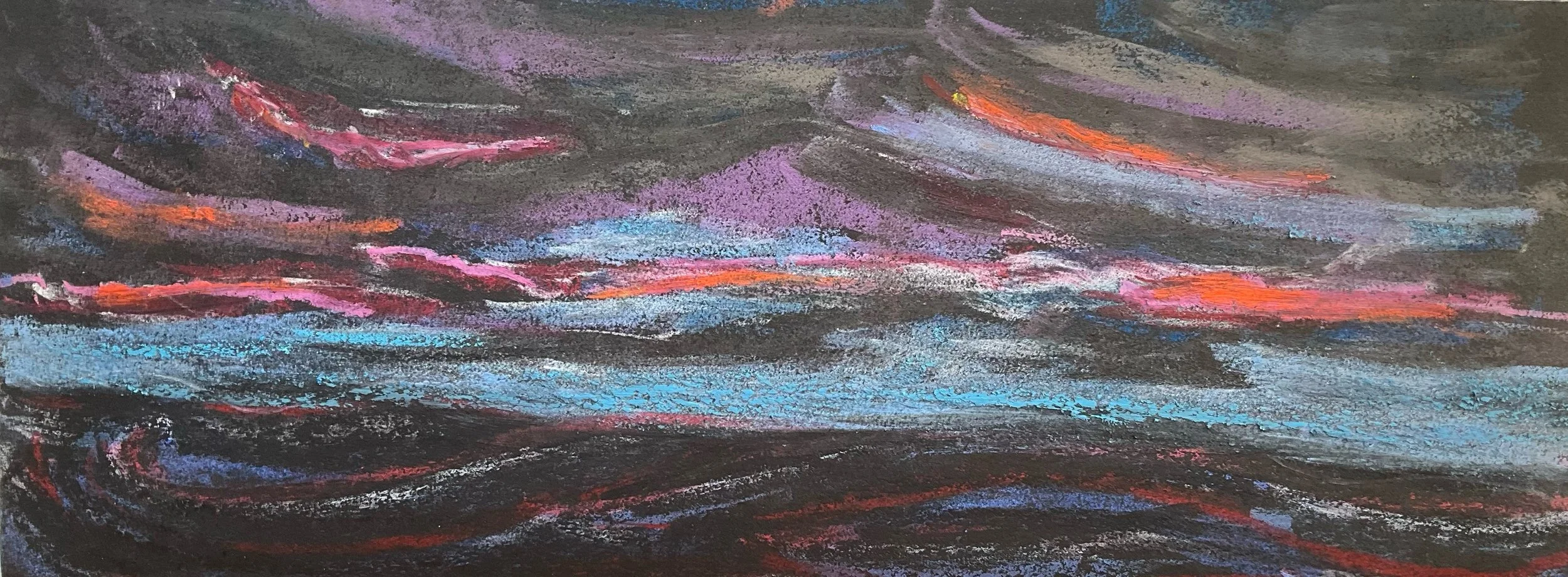 Abstract painting with swirling strokes of pink, blue, purple, and orange on a dark background.