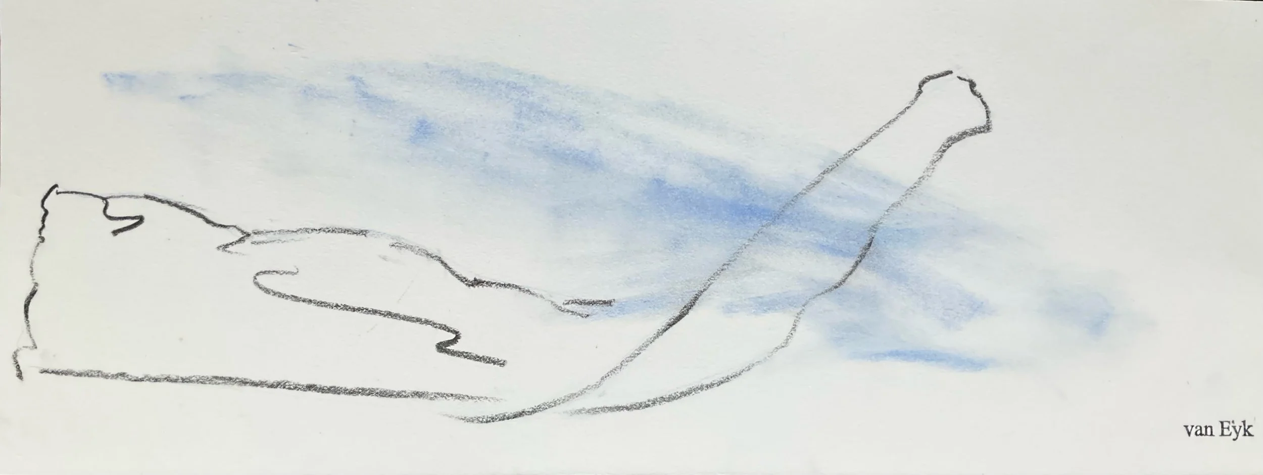 A minimalist sketch of a person lying on their back with arms behind their head, with blue watercolor clouds in the background, signed 'van Eyk' in the corner.