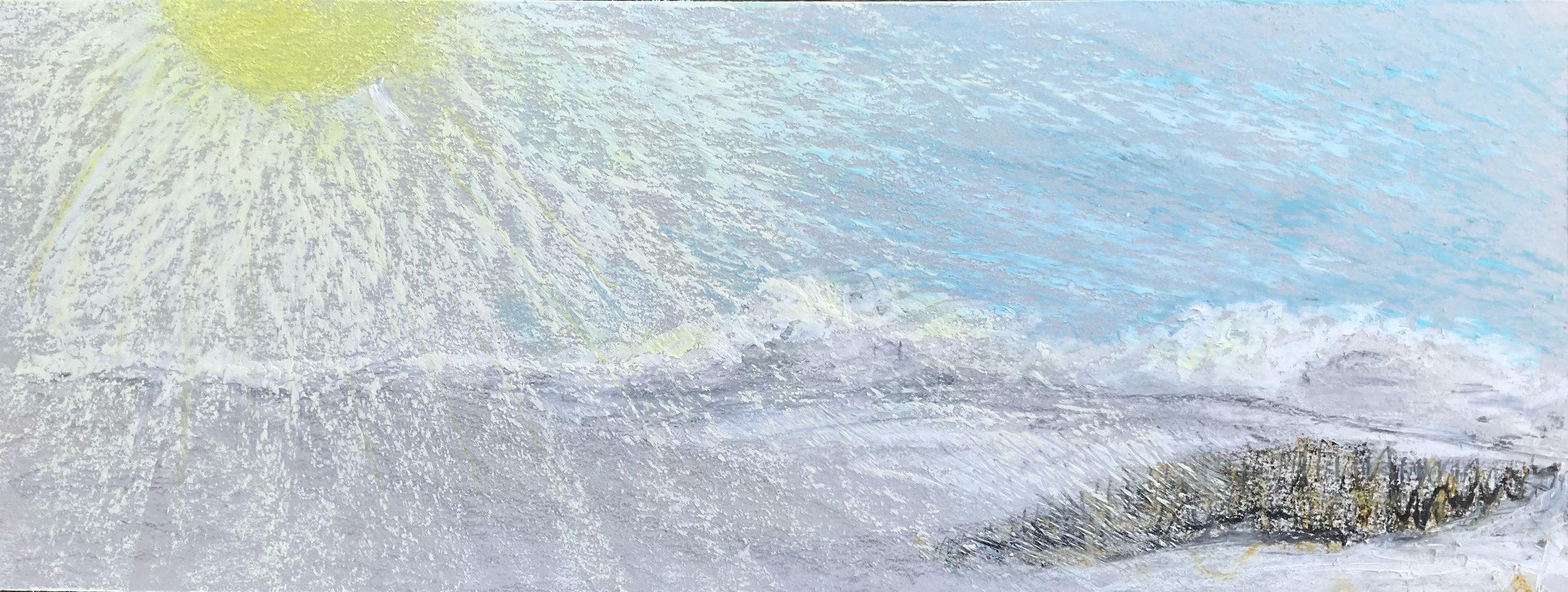 A colorful abstract painting with a bright yellow sun in the upper left corner, light blue sky, and a snowy landscape with a small wooden structure.