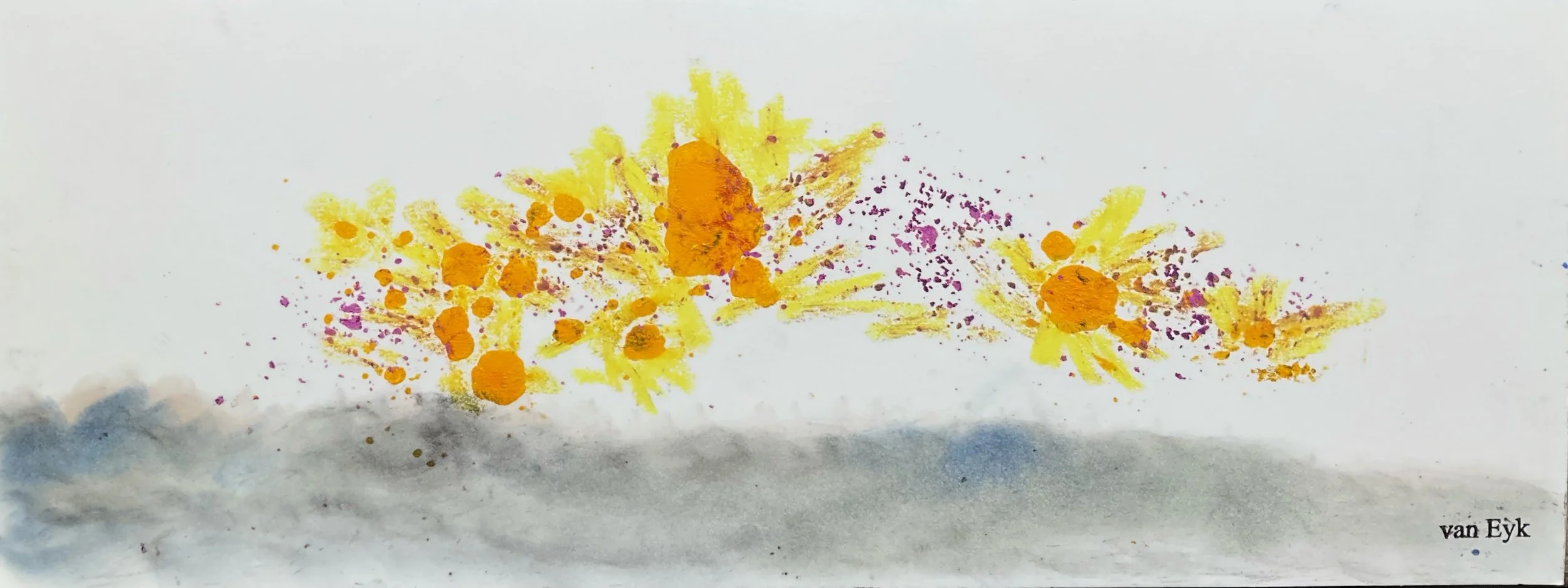 Abstract watercolor painting of yellow and orange flowers with purple accents on a gray and white background, signed 'van Eyk' in the bottom right corner.