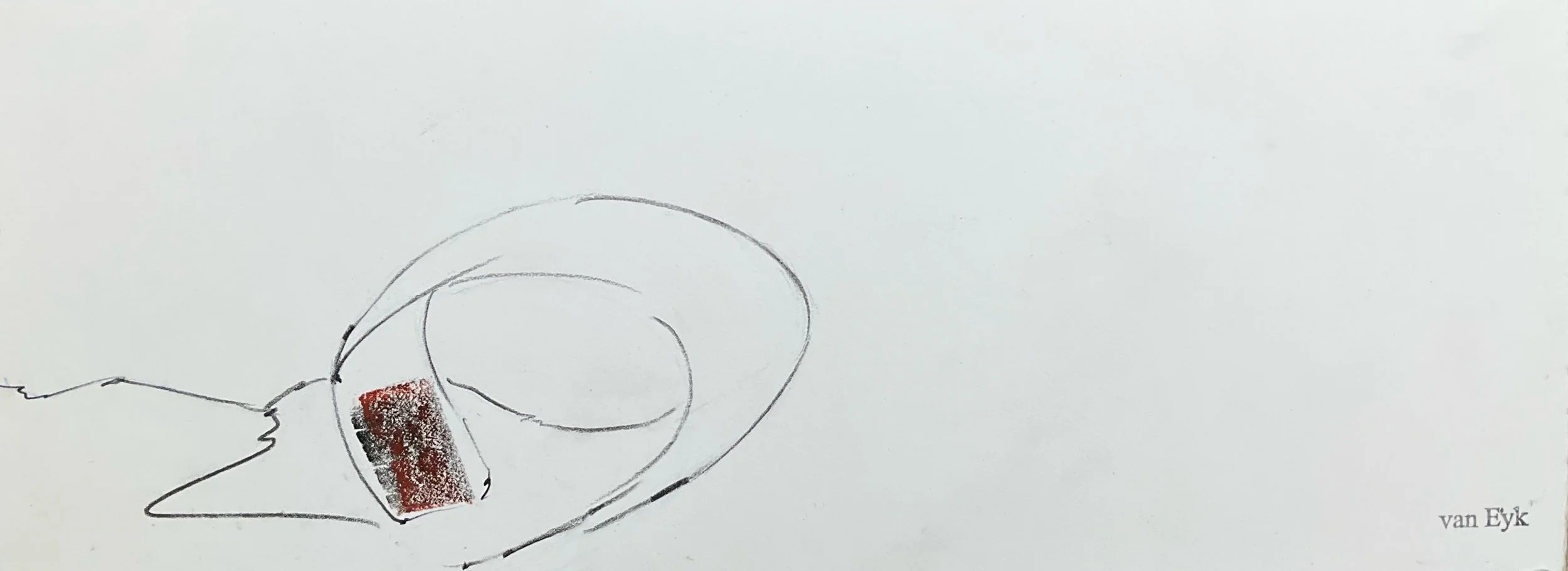 A minimalist line drawing of a knitting project with some colored sections, signed by van Eyk.