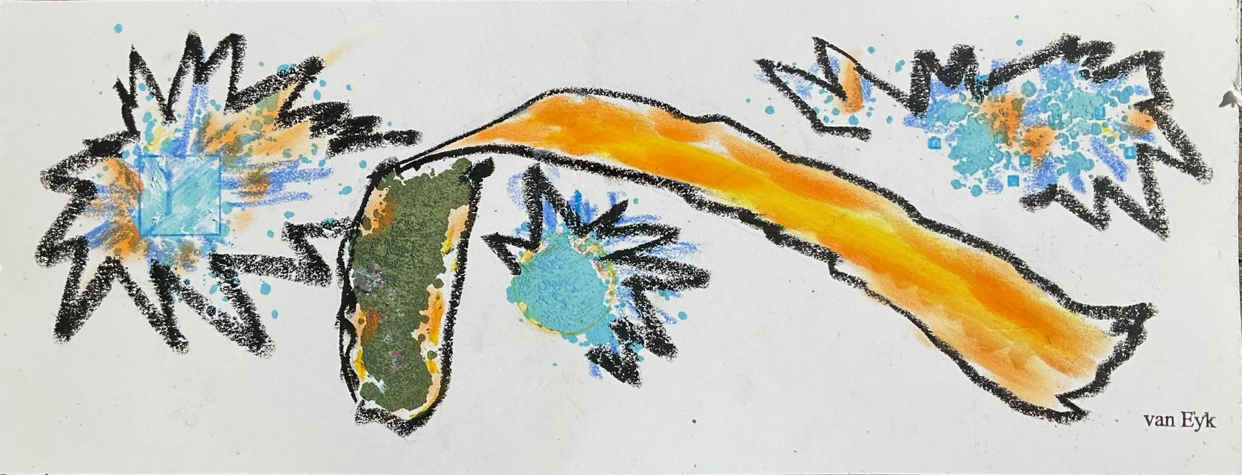 An abstract drawing of a hammer with metallic gray and green details, surrounded by spiky blue and orange bursts, with a long orange handle, on a white background, signed by Van Eyk.