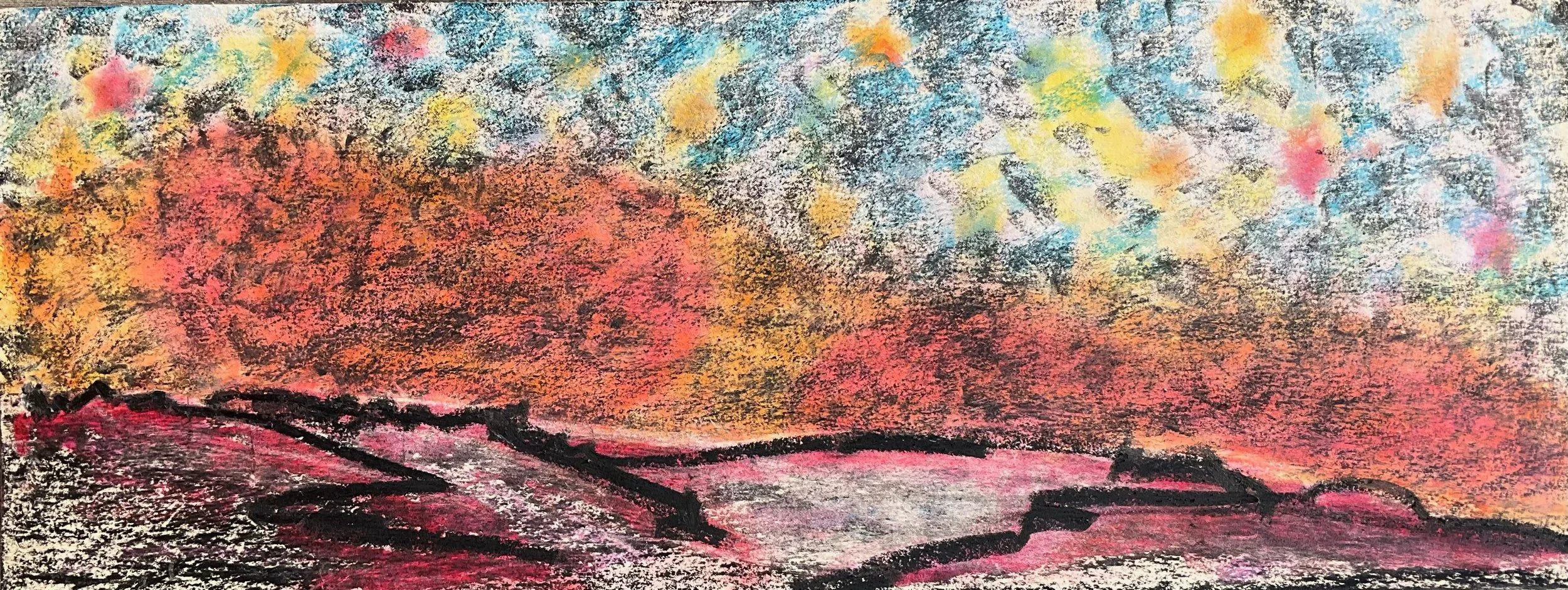 Abstract pastel landscape with colorful sky, orange, pink, blue, yellow clouds, and dark silhouetted roadside objects.