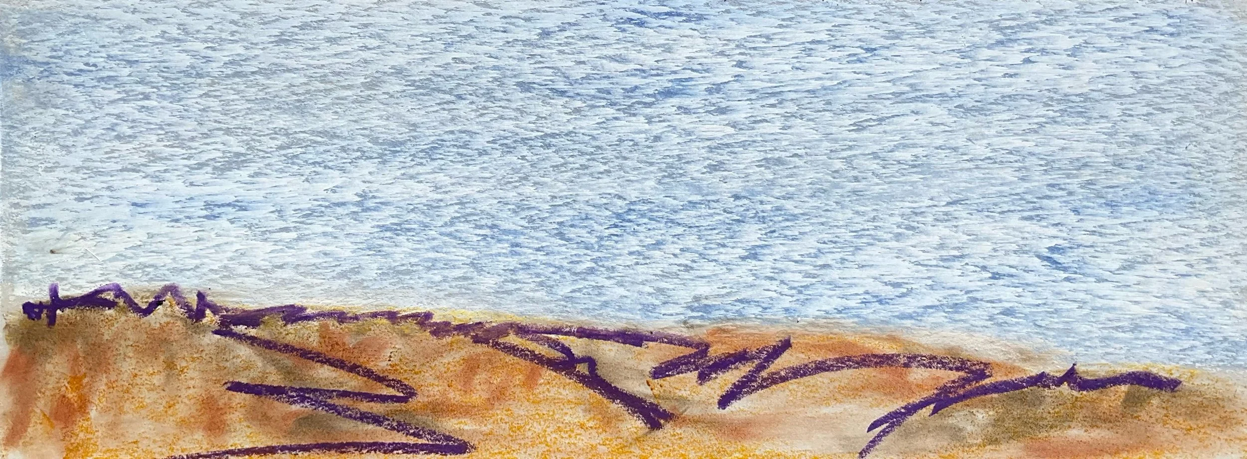 Colorful crayon drawing of a landscape with a light blue sky, brown ground, and purple outlines of mountains or hills.