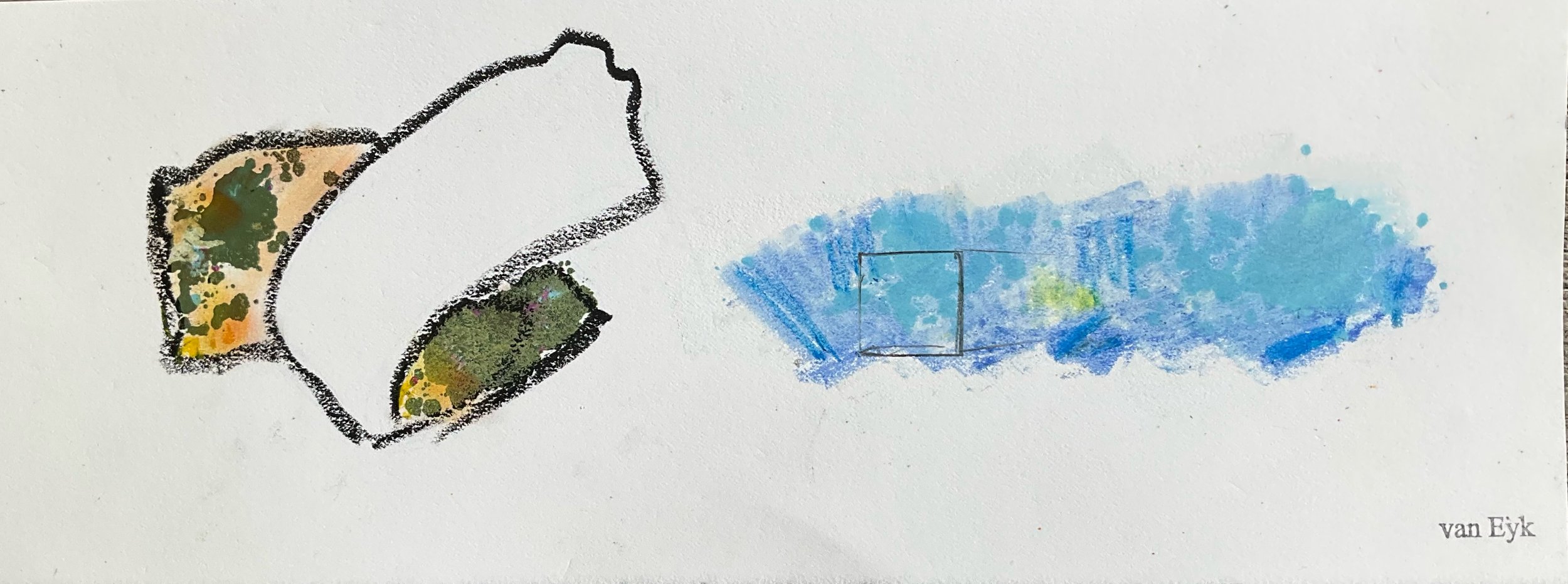 An illustration of a person lying down with their head resting on a colorful, abstract pillow, connected to a large splash of blue watercolor paint, with a small square outline at the center of the blue area. The drawing style is simple with loose, t