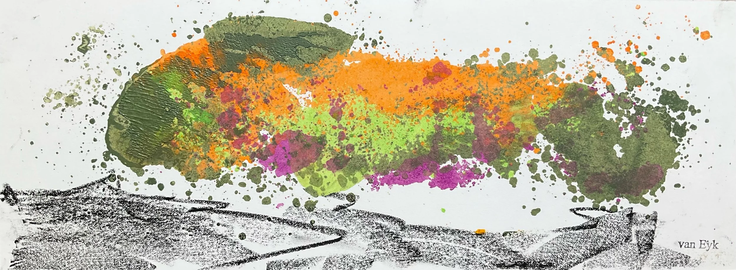 Abstract painting of colorful leaves with splatters of green, orange, pink, and black on a white background, signed by van Eyk.