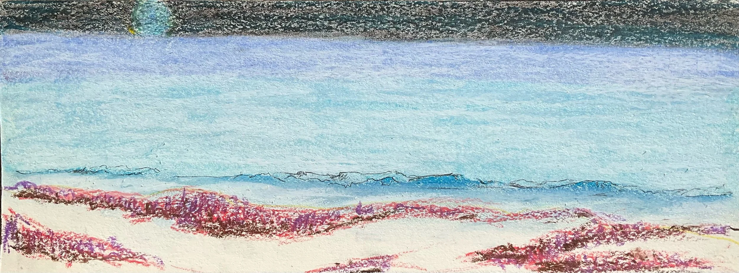 Colorful pastel drawing of a landscape featuring mountains, sky, and rolling fields with pink and purple trees.