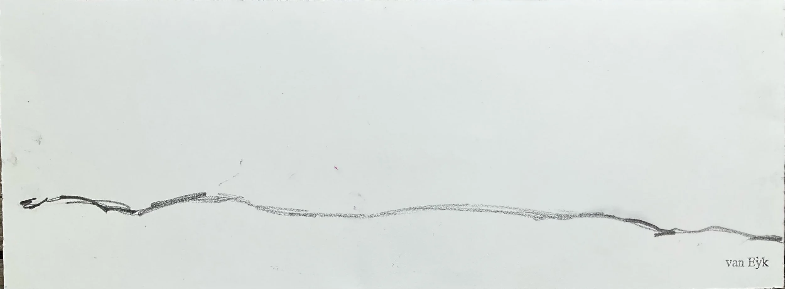 Minimalist black pencil sketch of a mountain range along the bottom edge of the paper, with the artist's signature 'van Eyk' in the bottom right corner.