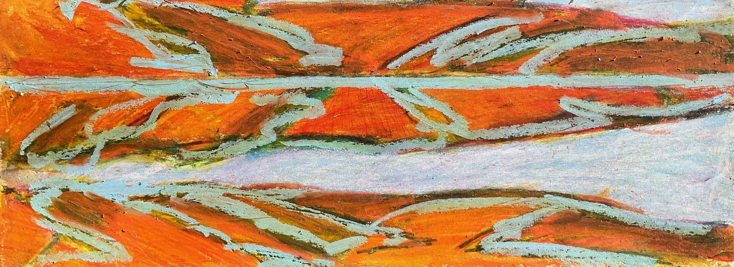 Close-up of an abstract painting with orange, green, yellow, black, and blue brushstrokes.