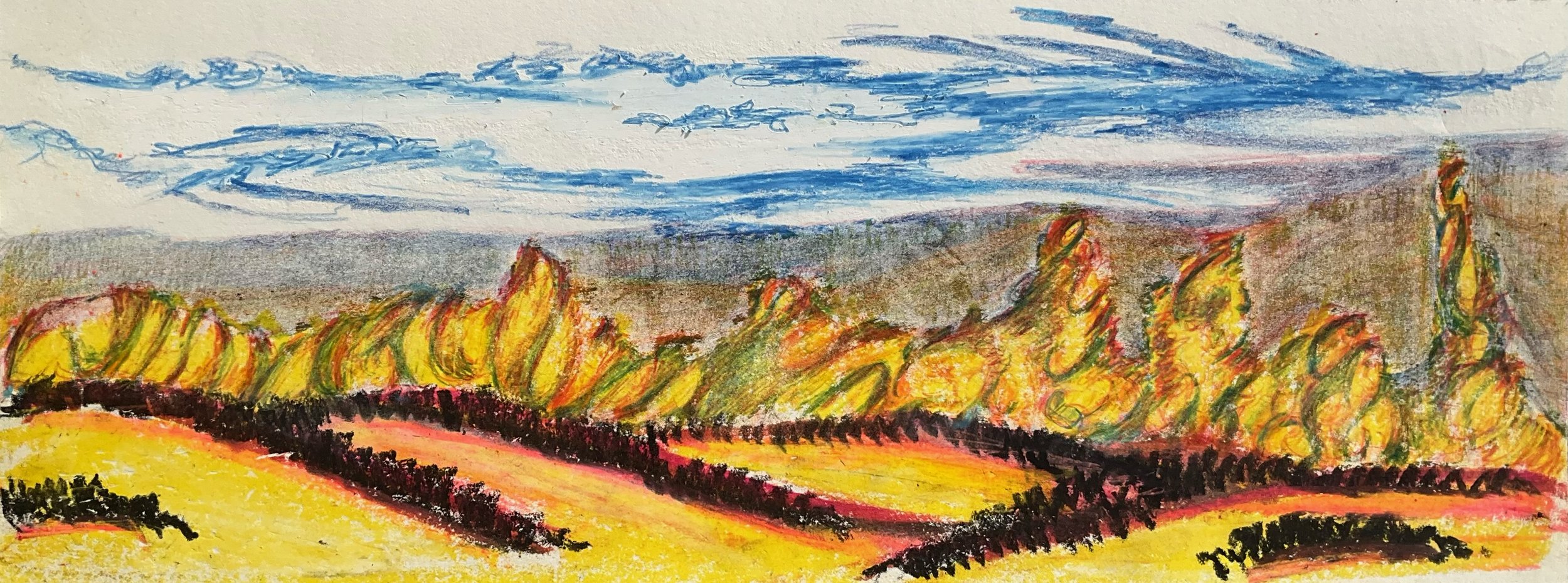A colorful landscape drawing showing a bright yellow field in foreground, with a line of orange and green trees and shrubs, and blue and gray mountains in the distance under a sky with light blue and pink clouds.