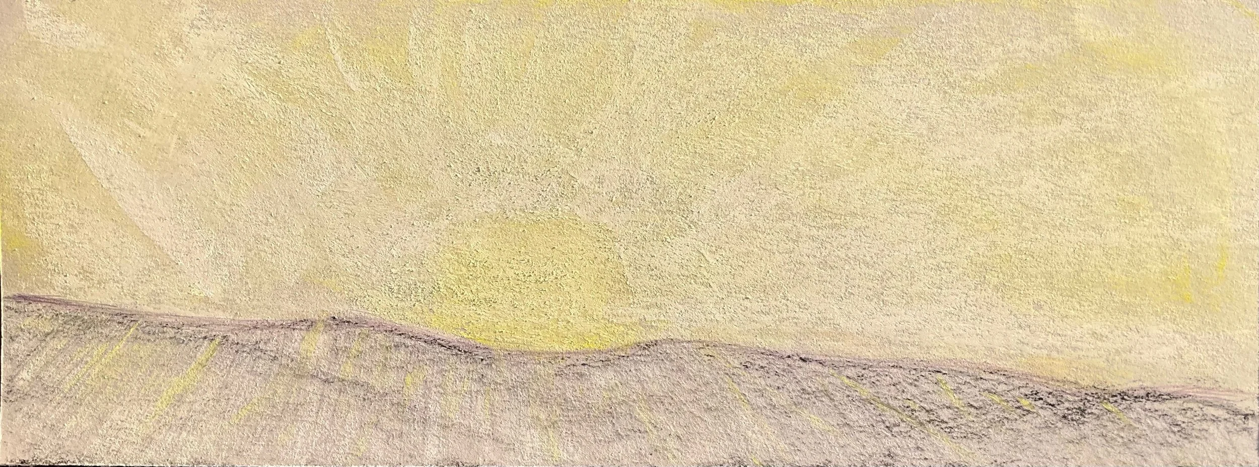 A drawing of a sunrise over a hilly landscape, with soft pastel colors and simple lines.