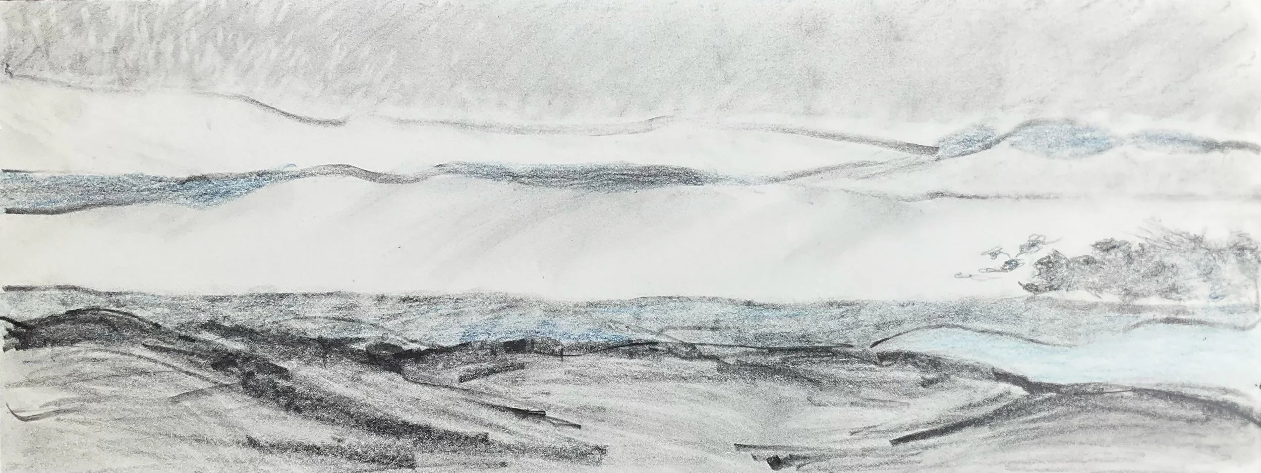 A landscape drawing of a seascape with waves, a few trees, and a cloudy sky, rendered in shades of gray and black.