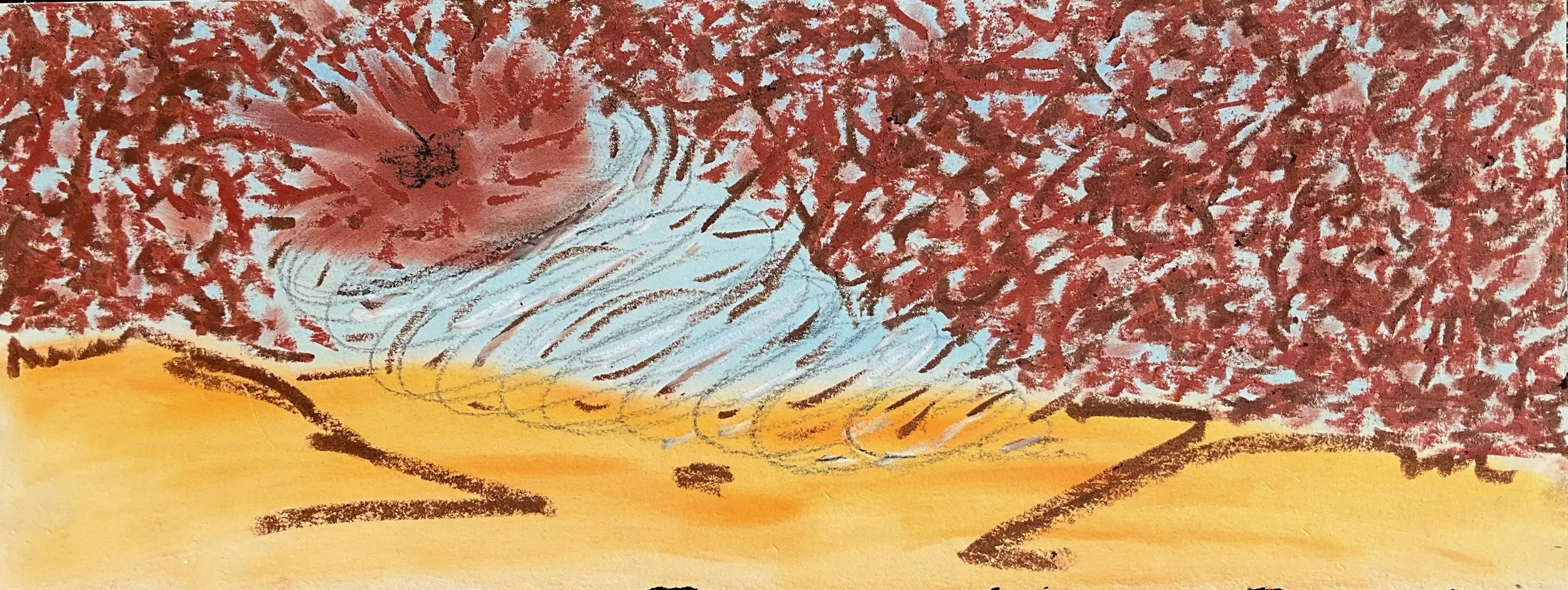 A colorful drawing of a landscape with red trees in the background, a blue stream flowing through the middle, and yellow ground in the foreground.