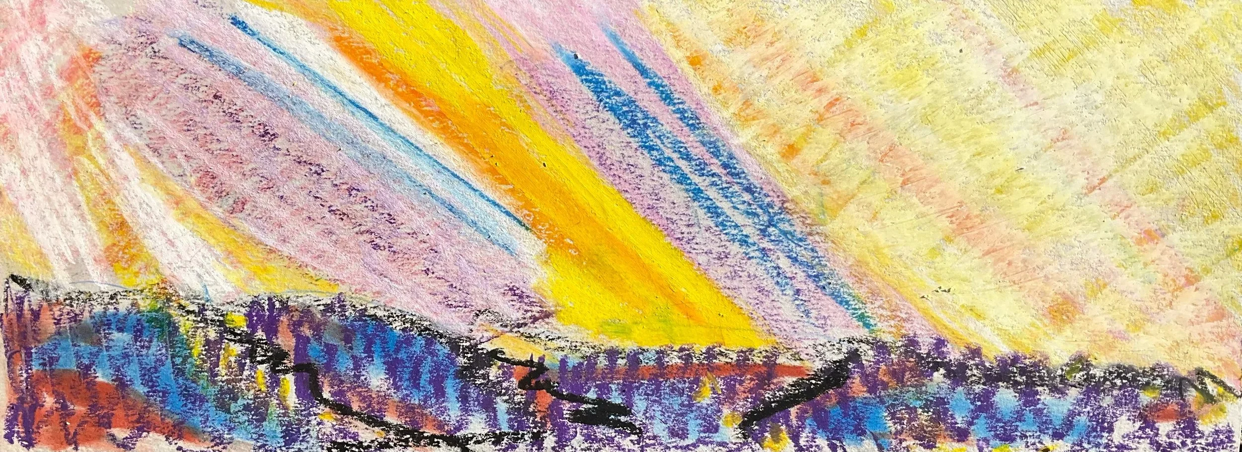 Colorful abstract drawing with vibrant streaks of yellow, pink, purple, blue, and orange.