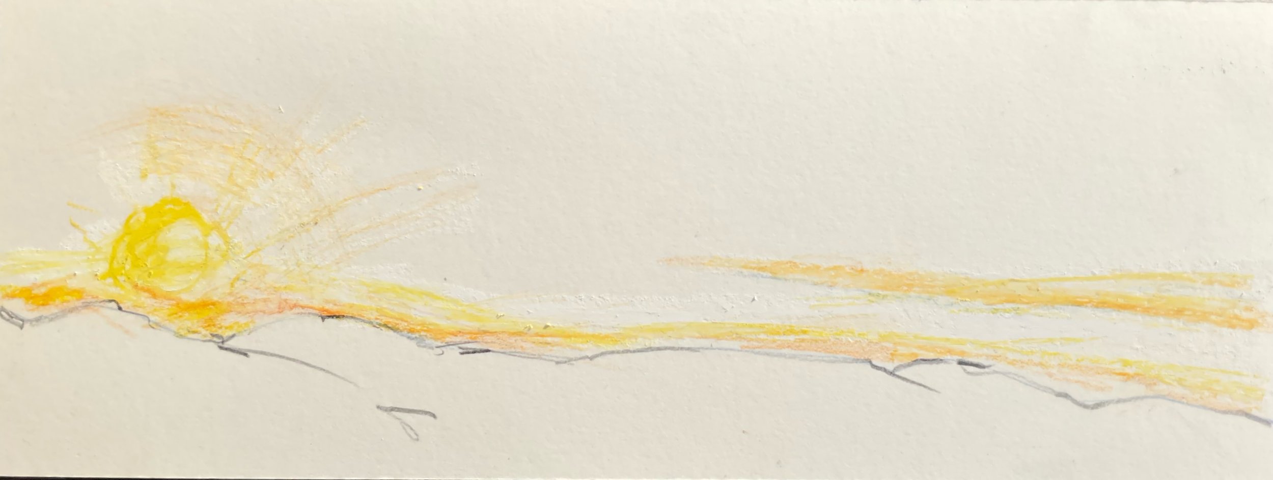 A watercolor sketch of a sunrise over a landscape with a mountain range on the horizon and a bright yellow sun.