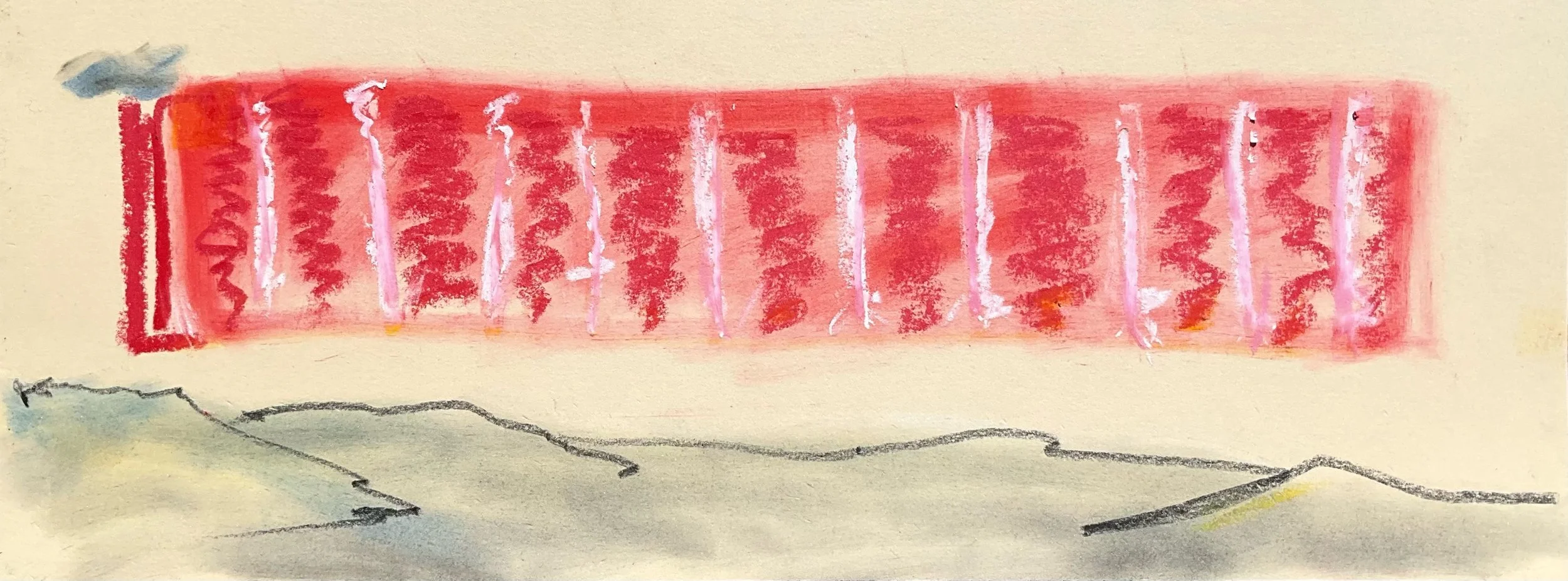 A watercolor painting of a red bus with vertical white lines, painted on light-colored paper with abstract black and blue lines at the bottom.