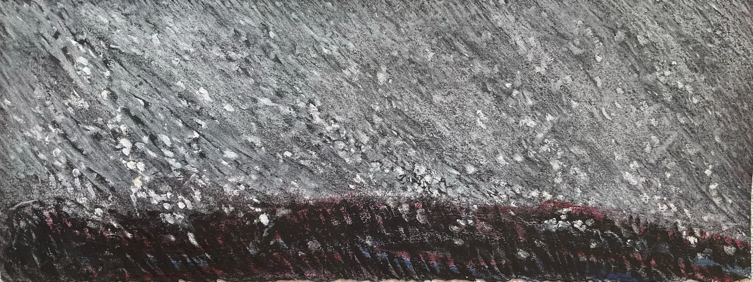 Close-up image of a textured surface with gray, black, and reddish tones, possibly a section of a wall or a piece of artwork with rough, layered, and uneven details.